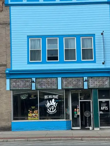 That electric blue facade really grabs your eye!